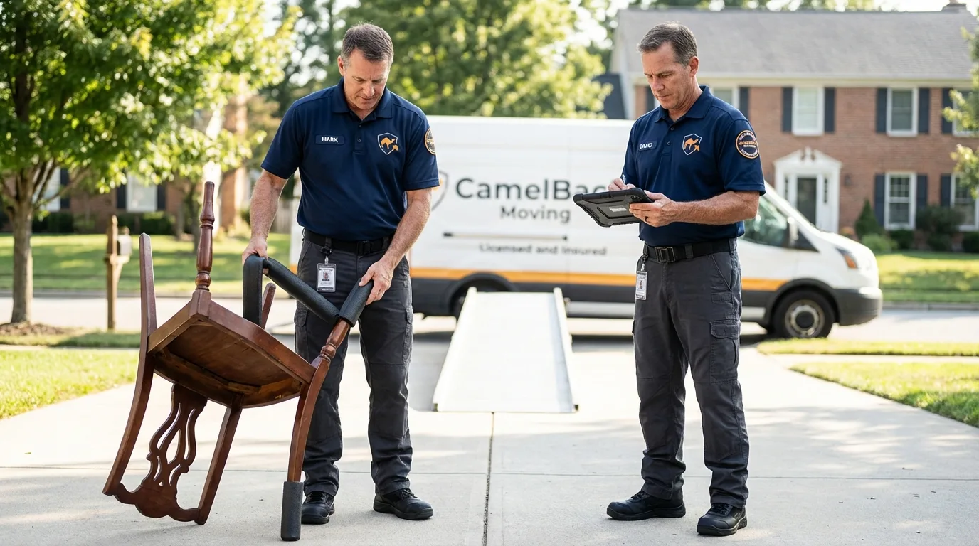 Movers inspecting furniture for damage prevention before loading in Springfield, NH